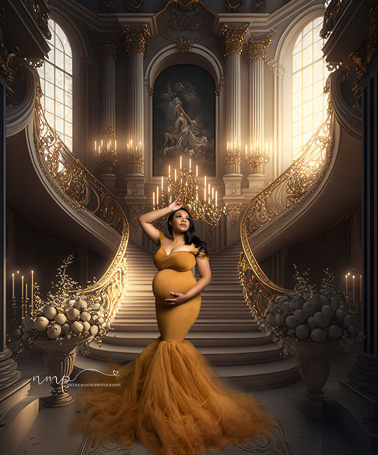 Pregnant woman in a beautiful maternity gown from standing in a big glamourous castle with golden stairs.